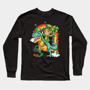 Leprechaun Riding T-Rex Dinosaur St Patricks Day Long Sleeve T-Shirt